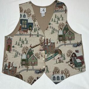 Vintage JK America Vest Womens 18/20 Tan Needlepoint Country Pattern USA Knit